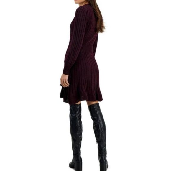 NEW Taylor‎ Petites Cable Knit Ruffled Mini Sweaterdress, Large Petite, Fig - Picture 2 of 14